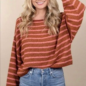 Free People Bardot Striped Crew Neck Sweater - Pink and Brown